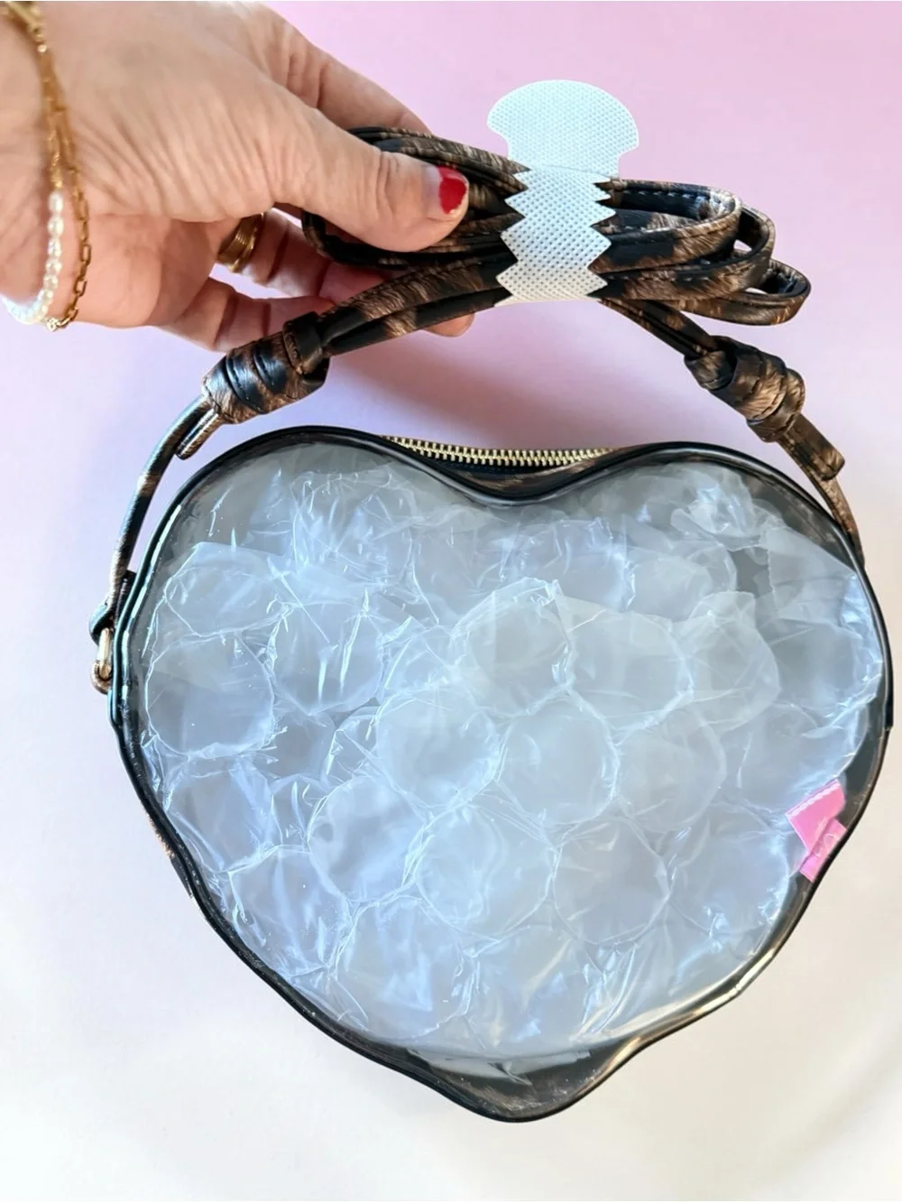 Pink Lily Vinyl Animal Print and Clear Heart-Shaped Crossbody Purse